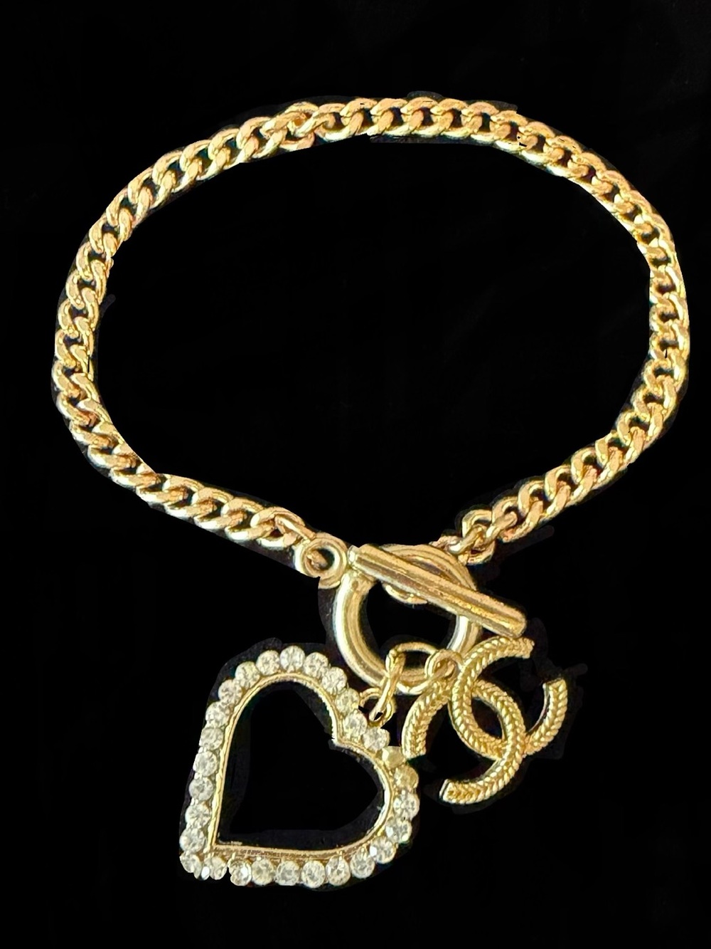 CC Gold Chain Bracelet with Crystal Heart and CC Charm